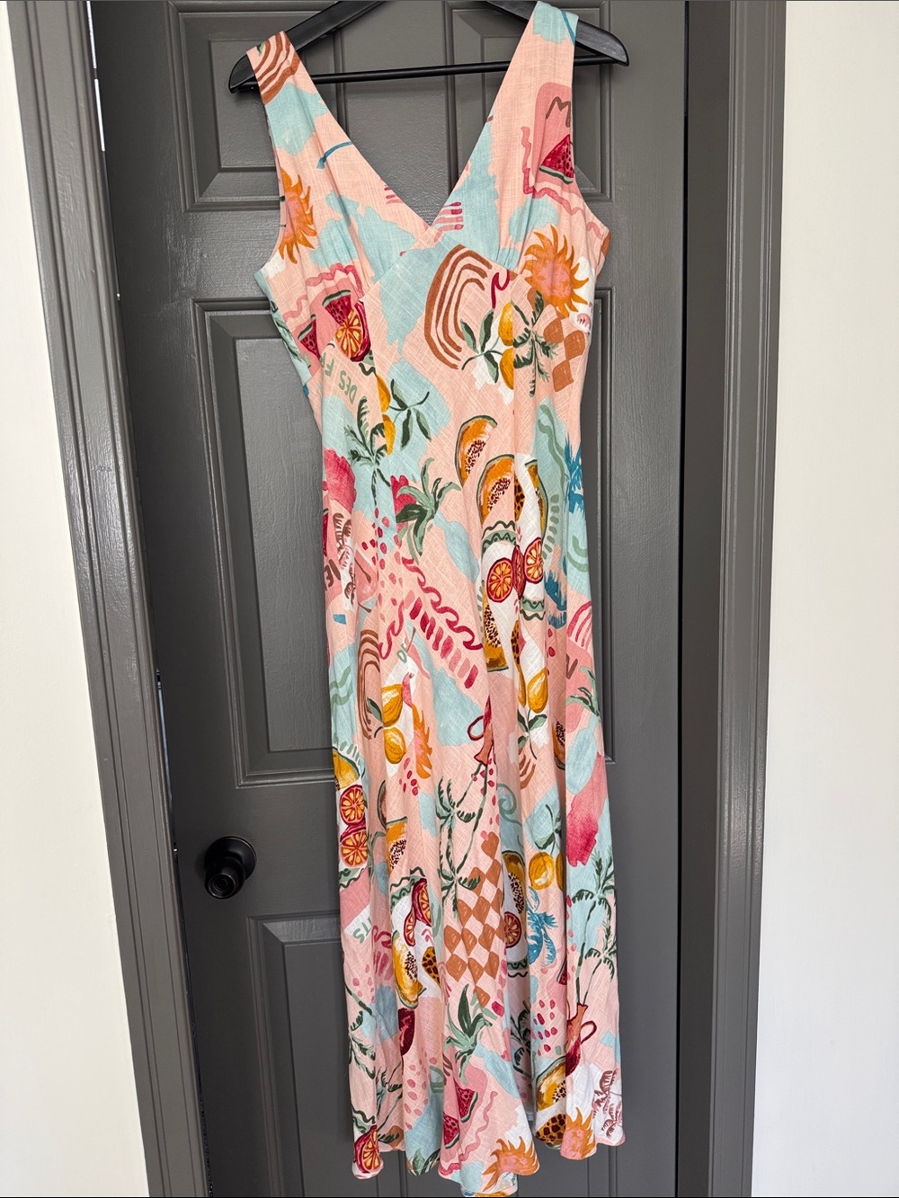 Sleeveless linen blend Maxi Dress fruits melon